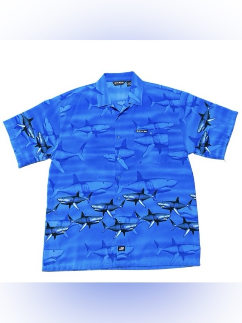 Vintage Button Up Shirt All Over Shark Print Mens L Blue Hawaiian BHPC 50” Chest